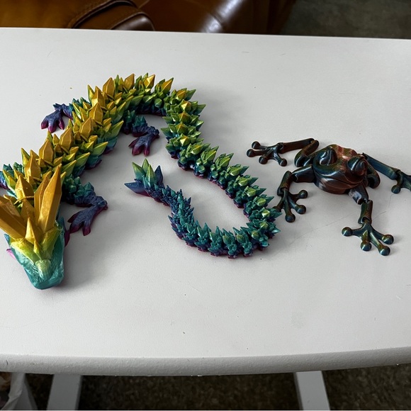 None Other - Multicolor Dragon & Frog Articulated Figure Set Vibrant Green, Gold, Blue
